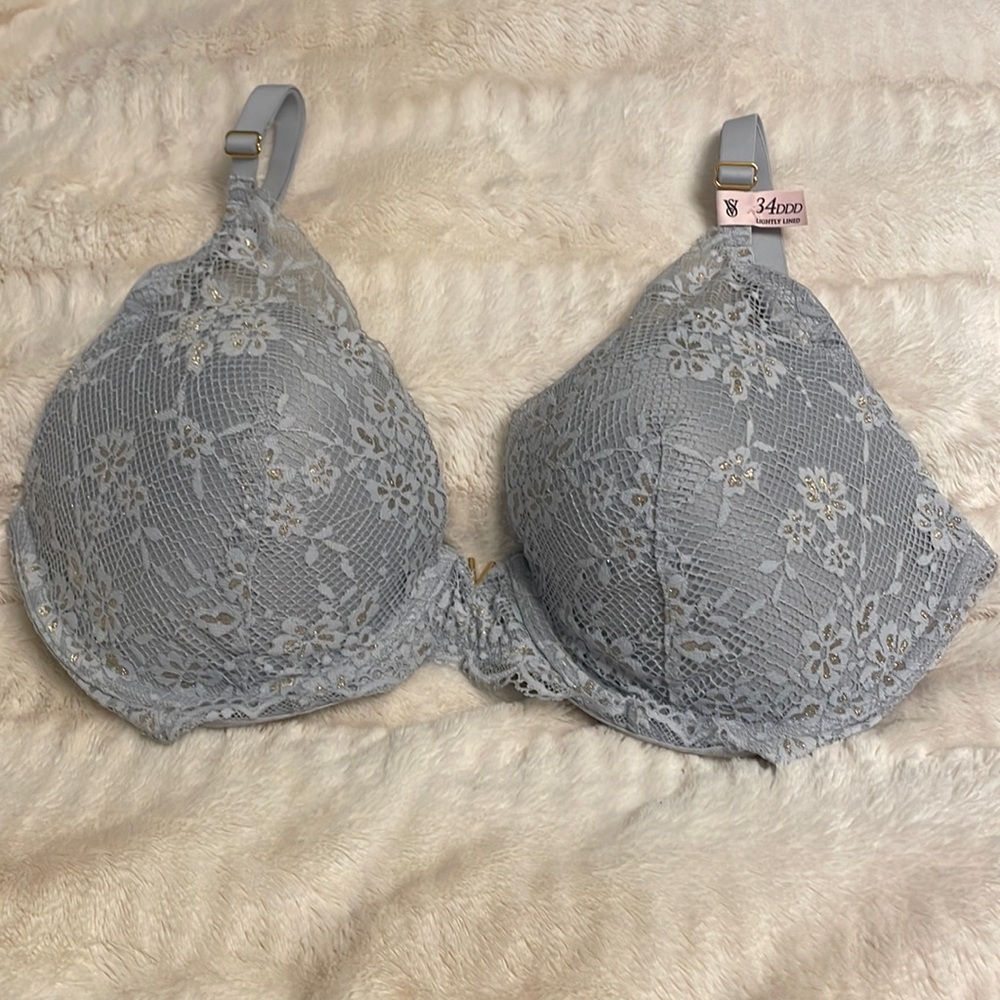 Victorias Secret NWT 34DDD Gray Floral Lace Love Adjustable Strap Bra Lined Cup